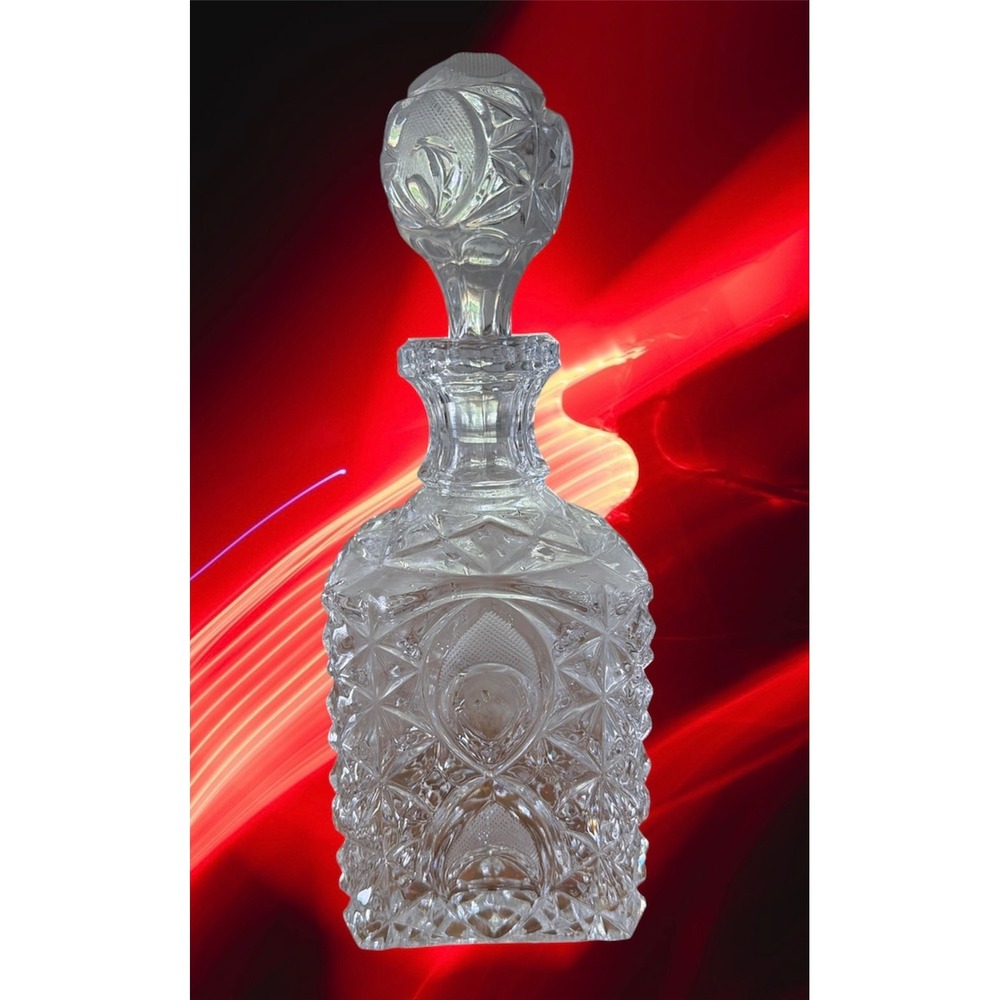 Vintage Cut Lead Crystal Square Liquor Decanter with Stopper Barware Clear 10in